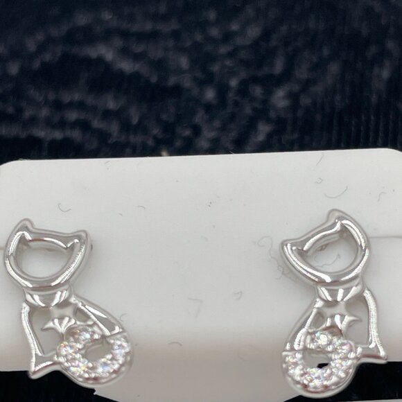 Sterling Silver Cat Earrings With CZ Accents - Cute & Quirky Gift Idea - Picture 1 of 3